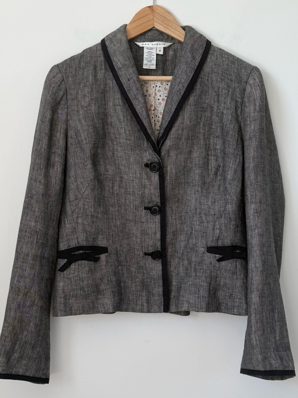 Vintage Y2K Linen Blazer With Black Ribbon Piping